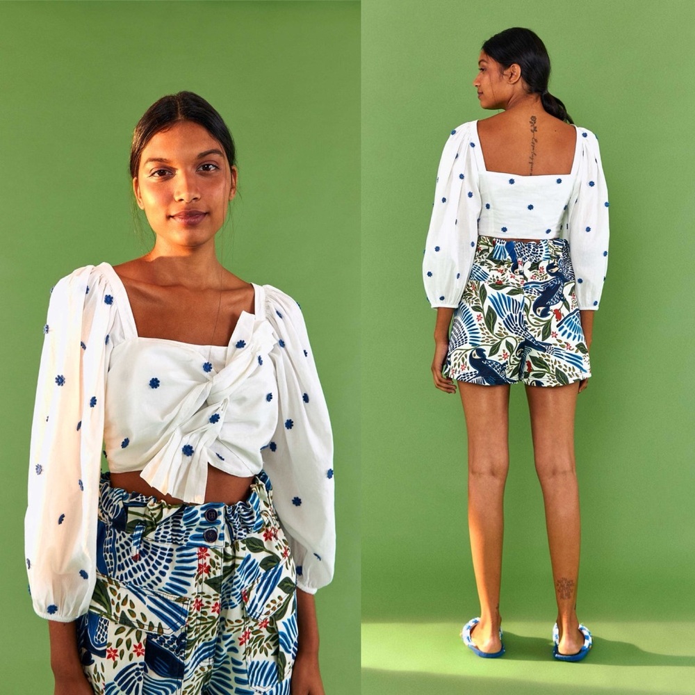 FARM Rio | Blue Embroidered Flowers Long Sleeve Crop Top Small